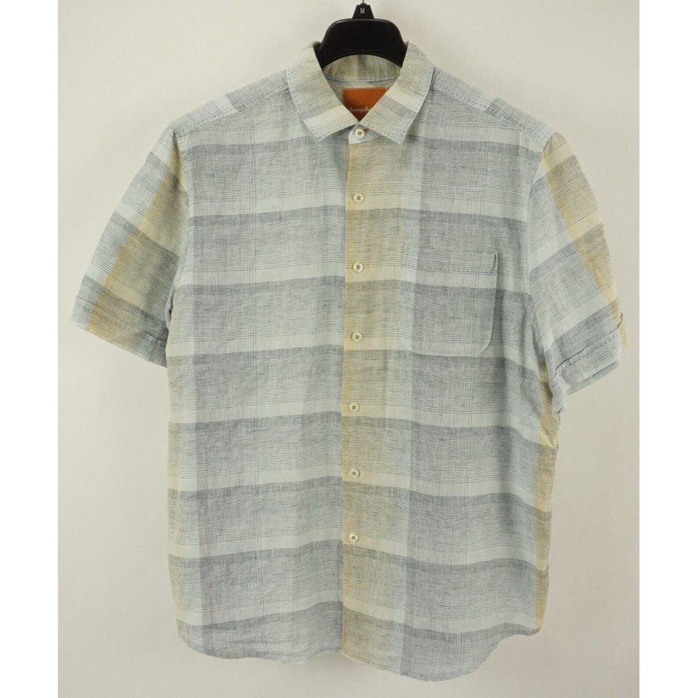 Tommy Bahama Men's XL Short Sleeve Gray Orange Stripe Linen Button Up Camp Shirt
